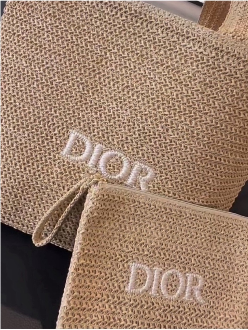 Dior beauty straw tote and pouch set